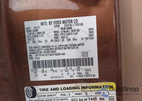 2012 Ford F-150 Lariat из США, поврежденный, VIN 1FTFW1ET4CFB26140